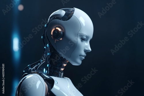 Sci-fi, technology concept. Advanced artificial intelligence robot portrait. Modern futuristic robot human assistant. Generative AI