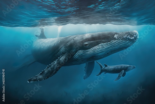 Humpback whale( Megaptera novaeangliae) and calf in the waters of Tonga, hyperrealism, photorealism, photorealistic