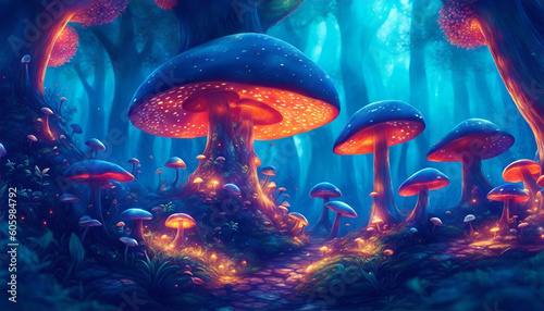 Fantasy Fungi Mushroom Forest, Colorful Fairy Illustration, Generative AI