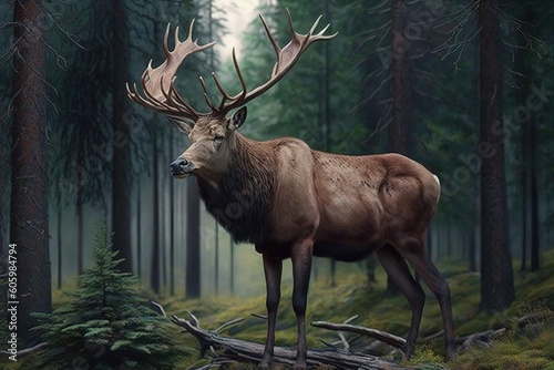 Large red deer in the forest, hyperrealism, photorealism, photorealistic © abstract Art
