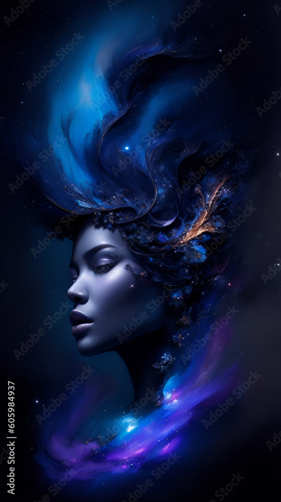 Art portrait of a woman with golden fantasy make up and hair, Realistic 3D, Midnight Sky Concept, Abstract Background Generative AI Art portrait of a woman with golden fantasy make up and hair, Realistic 3D, Midnight Sky Concept, Abstract Background Generative AI