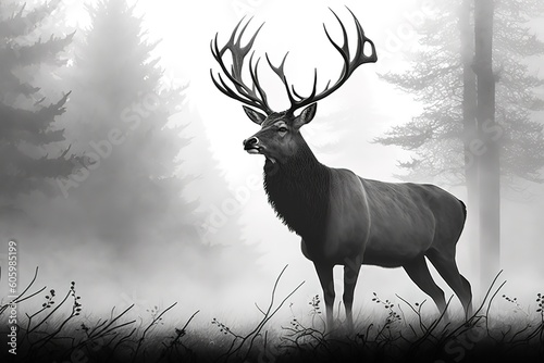 Red deer stag silhouette in the mist  hyperrealism  photorealism  photorealistic