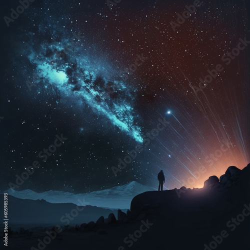 Mans silhouette on stars background for National Space Day or World UFO Day. Night starry sky and astronomy nature landscape. Generative AI 