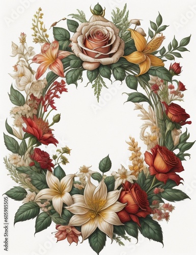 Decorative flowers present invitation frame. Generative AI technology