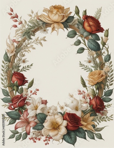 Decorative flowers present invitation frame. Generative AI technology