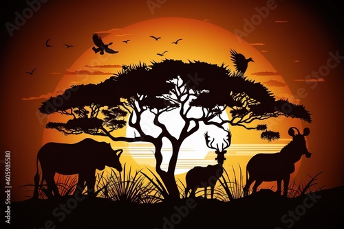 Savanna animals on a background of a sunset sun. Silhouettes of wild animals of the African savannah. African landscape with animals and trees at sunset  hyperrealism  photorealism  photorealistic