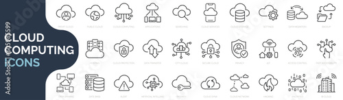 Set of line icons related to cloud computing, cloud services, server, cyber security, digital transformation. Outline icon collection. Editable stroke. Vector illustration