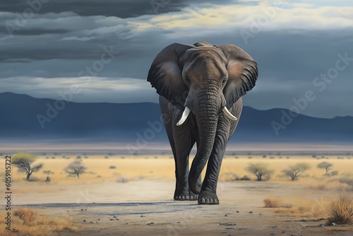 A lone elephant standing in the distance, Kenya, hyperrealism, photorealism, photorealistic