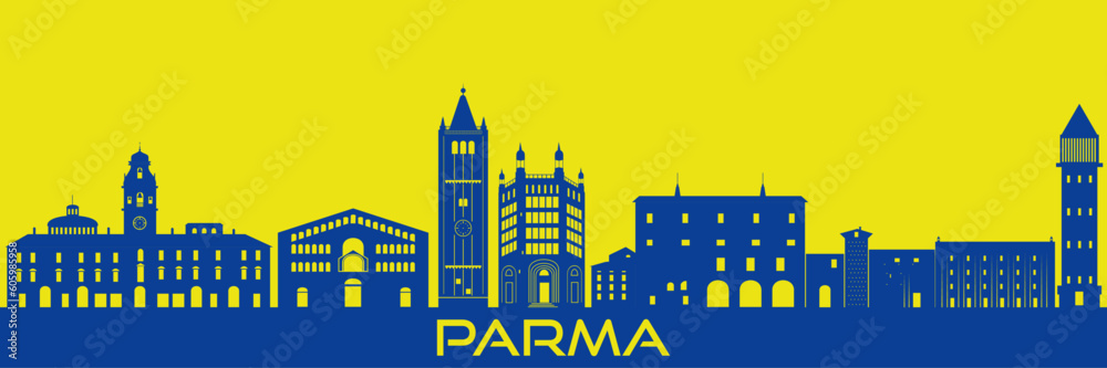 Italy, Parma skyline, city Parma, Regio Emilia. Parma cityscape with famous landmarks, city sights, landscape. Parma in the color of the flag of the commune of Parma.