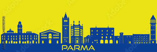 Italy, Parma skyline, city Parma, Regio Emilia. Parma cityscape with famous landmarks, city sights, landscape. Parma in the color of the flag of the commune of Parma.