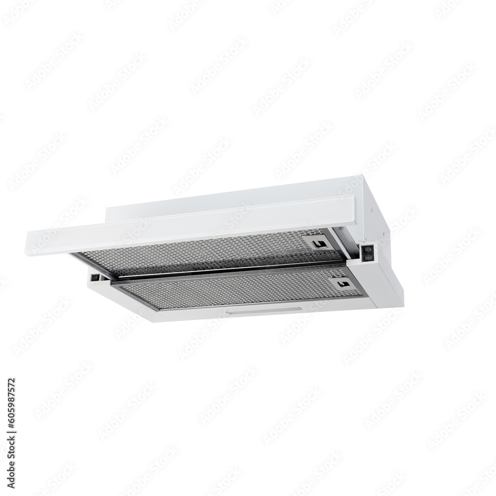 white retractable kitchen hood isolated on white background. extractor details. close-up of the goods. kitchen appliances. extractor motor white retractable kitchen hood isolated on white background. extractor details. close-up of the goods. kitchen appliances. extractor motor