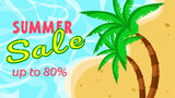 Summer sale banner vector illustration/ Top of view of summer beach with palm and waves background