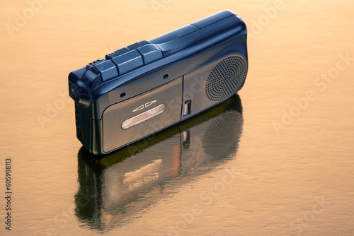 Audio recorder with microcassette. device for working with voice and journalism. analog audio recording. photo