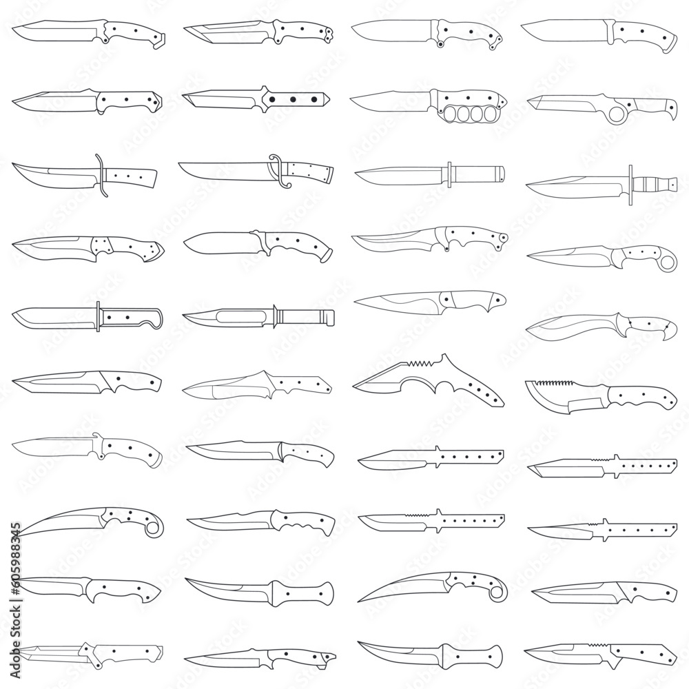 Doodle line art illustration combat knife and dagger bundle item Doodle line art illustration combat knife and dagger bundle item