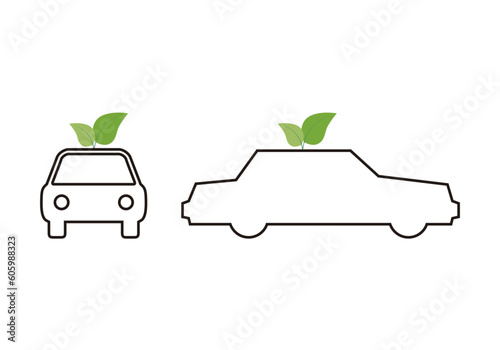 Icono de coche con hojas verdes de ecológico.