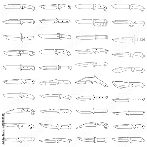 Doodle line art illustration combat knife and dagger bundle item