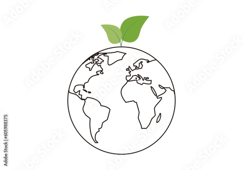 Icono negro de planeta tierra con dos hojas verdes ecológicas. 