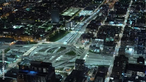 The Jane Byrne Interchange aerial view at night. Aerial view of Chicago city and the circle interchange at night photo