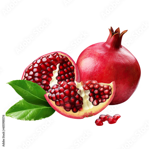 pomegranate with leaf isolated PNG Transparent background created with Generative AI, Clipping Path