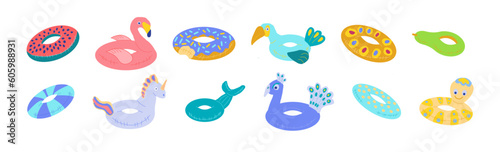 Set of inflatable swim pool floats and rings in the form of flamingos, peacock, pelican,  unicorn,  octopus, pears, watermelon and donut. Illustration in a flat cartoon style