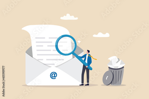 Email scan for cyber security, data protection or junk mail, online communication technology, safety and protection concept, businessman scan email with magnifying glass throw junk mail into bin.