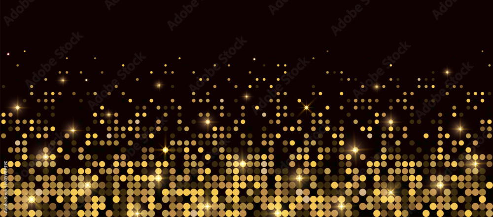 Abstract luxury banner with golden glittering dots on black background. Sparkling glitter bottom border, vector frame. Halftone effect. Magical gold dust. Pop art style backdrop