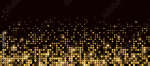 Abstract luxury banner with golden glittering dots on black background. Sparkling glitter bottom border, vector frame. Halftone effect. Magical gold dust. Pop art style backdrop