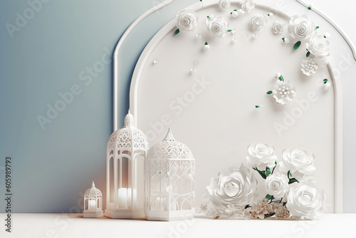 Islamic greeting card with white flowers and lamps with candels. Generative AI