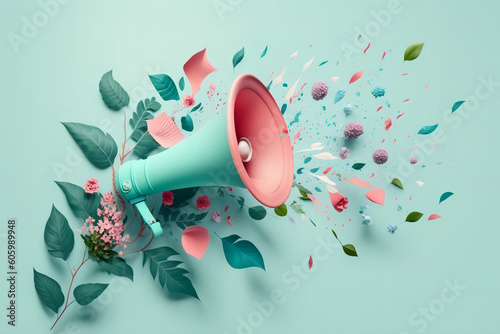 Pink megaphone with flying colorful summer flowers. Generative Ai
