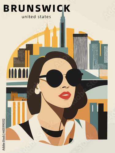 Brunswick: Beautiful vintage-styled poster of with a woman and the name Brunswick in United States