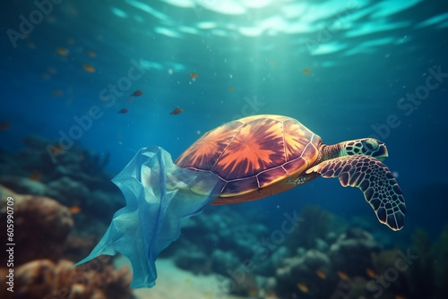 Ocean and sea pollution with plastic concept. Sea turtles swimming in polluted with plastic bags ocean. Polluted colorful coral reefs. Exotic small fishes in background. Generative AI