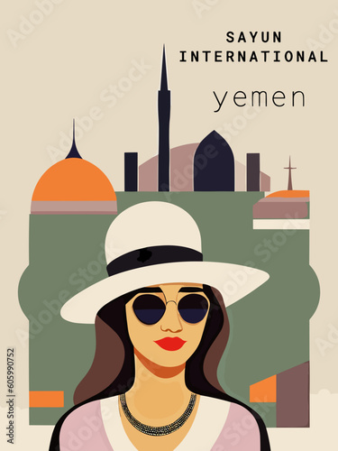 Sayun International: Beautiful vintage-styled poster of with a woman and the name Sayun International in Yemen photo