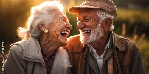 Close-up portrait of elderly couple looking at each other and smiling. Generative AI.