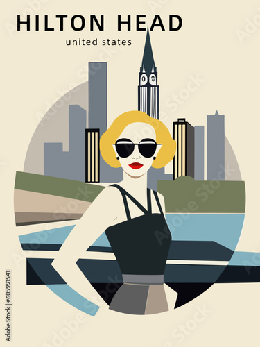 Hilton Head: Beautiful vintage-styled poster of with a woman and the name Hilton Head in United States