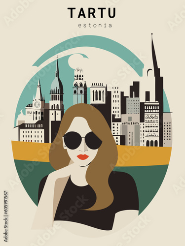 Tartu: Beautiful vintage-styled poster of with a woman and the name Tartu in Estonia photo