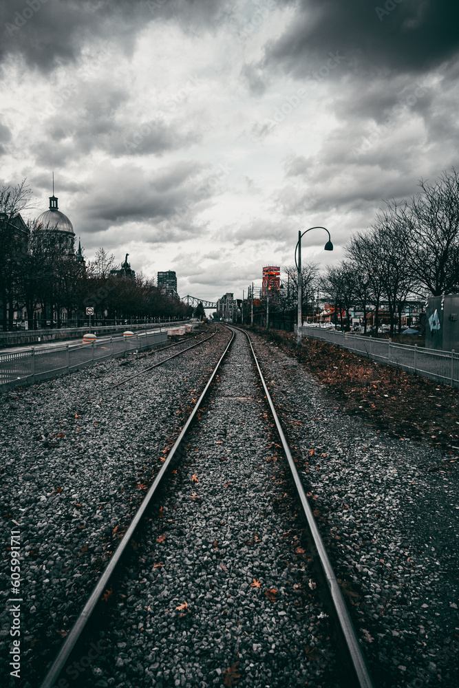 Vertical shot of an empty railroad in Montreal, Ontario, Canada on a gloomy day