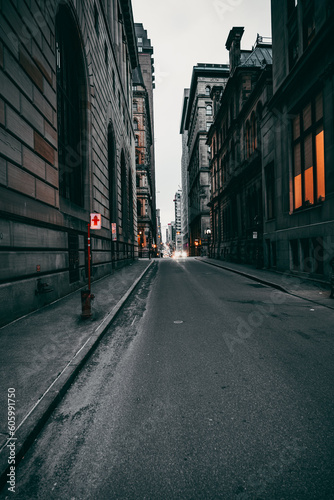 Vertical shot of an empty street between old buildings in Montreal, Ontario, Canada on a gloomy day © Comrade2m/Wirestock Creators
