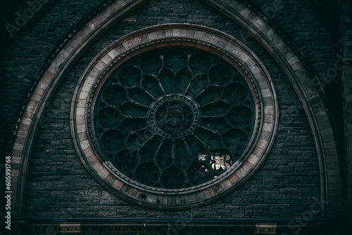 Closeup of an old beautiful rose window of a church in Montreal, Ontario, Canada