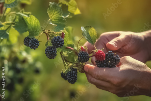 Close up, picking blackberry or bramble, sunny weather, illustration. Generative AI. Dewberry, berry, berris, berries or berrier, plant, fruit and food, image photo