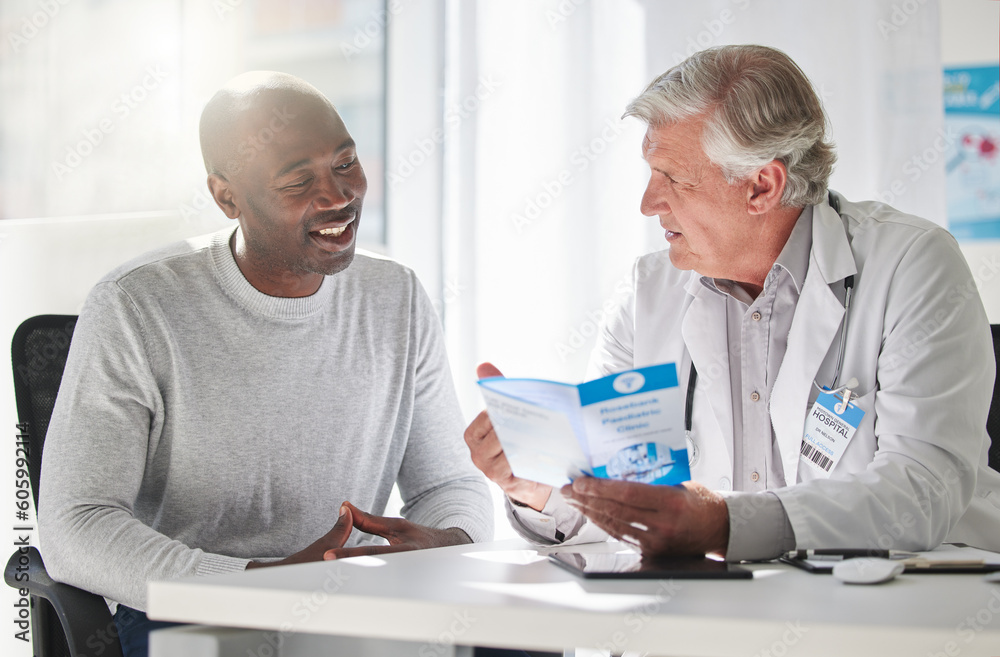 Brochure, consulting and help with doctor and patient for medical, life insurance or results. Medicine, healthcare and learning with men and pamphlet in hospital for support, communication and advice Brochure, consulting and help with doctor and patient for medical, life insurance or results. Medicine, healthcare and learning with men and pamphlet in hospital for support, communication and advice