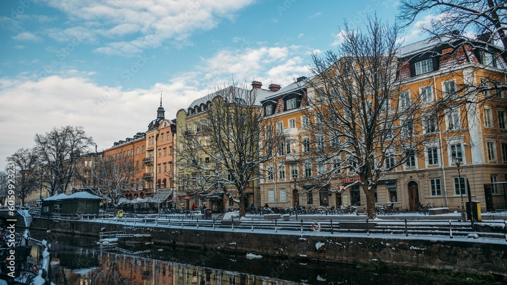 Row of buildings by the channel and snowy trees in Uppsala, Sweden in winter