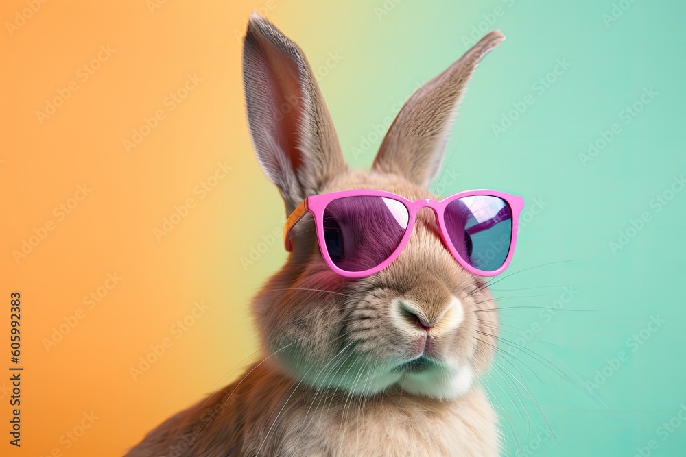 Rabbit with sunglasses on colorful pastel background