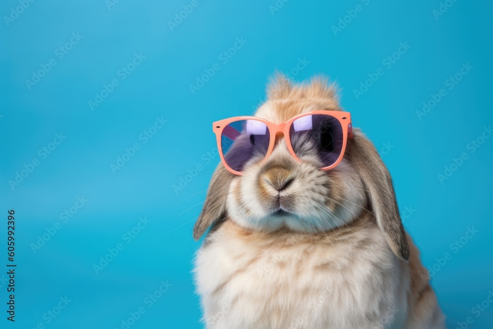 Rabbit with sunglasses on colorful pastel background