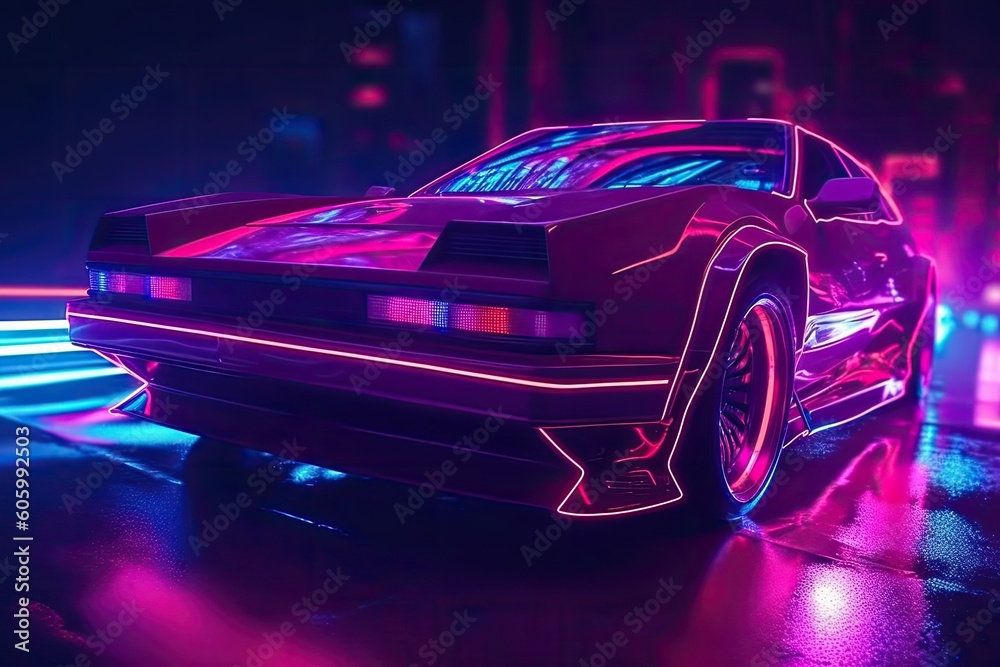 Futuristic car with neon laser lights