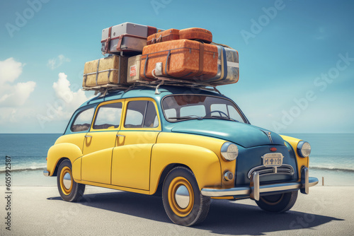 Road trip retro with suitcases on yellow car. AI generative.
