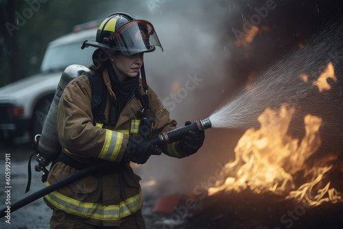 Female caucasian firefighter extinguishing a fire. Generative AI.