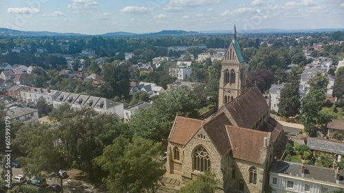 Aerial view of the Cheltenham church on a sunny day in England, United Kingdom photo