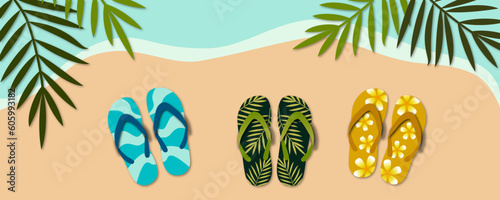 Summer beach vector illustration, holiday beach background with colorful flip flops