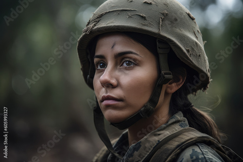 Latin female soldier at the battlefield. Generative AI. © Ladanifer