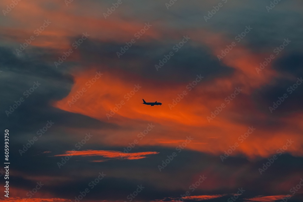 Silhouette of airplane flying in sky during sunset